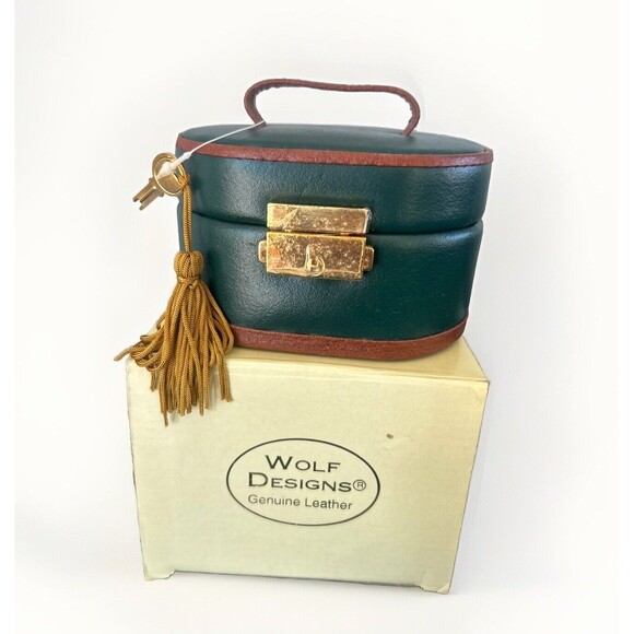 Vintage WOLF DESIGNS 1997 Genuine Leather Lock Small Travel Jewelry Box NEW BOX - Picture 1 of 10